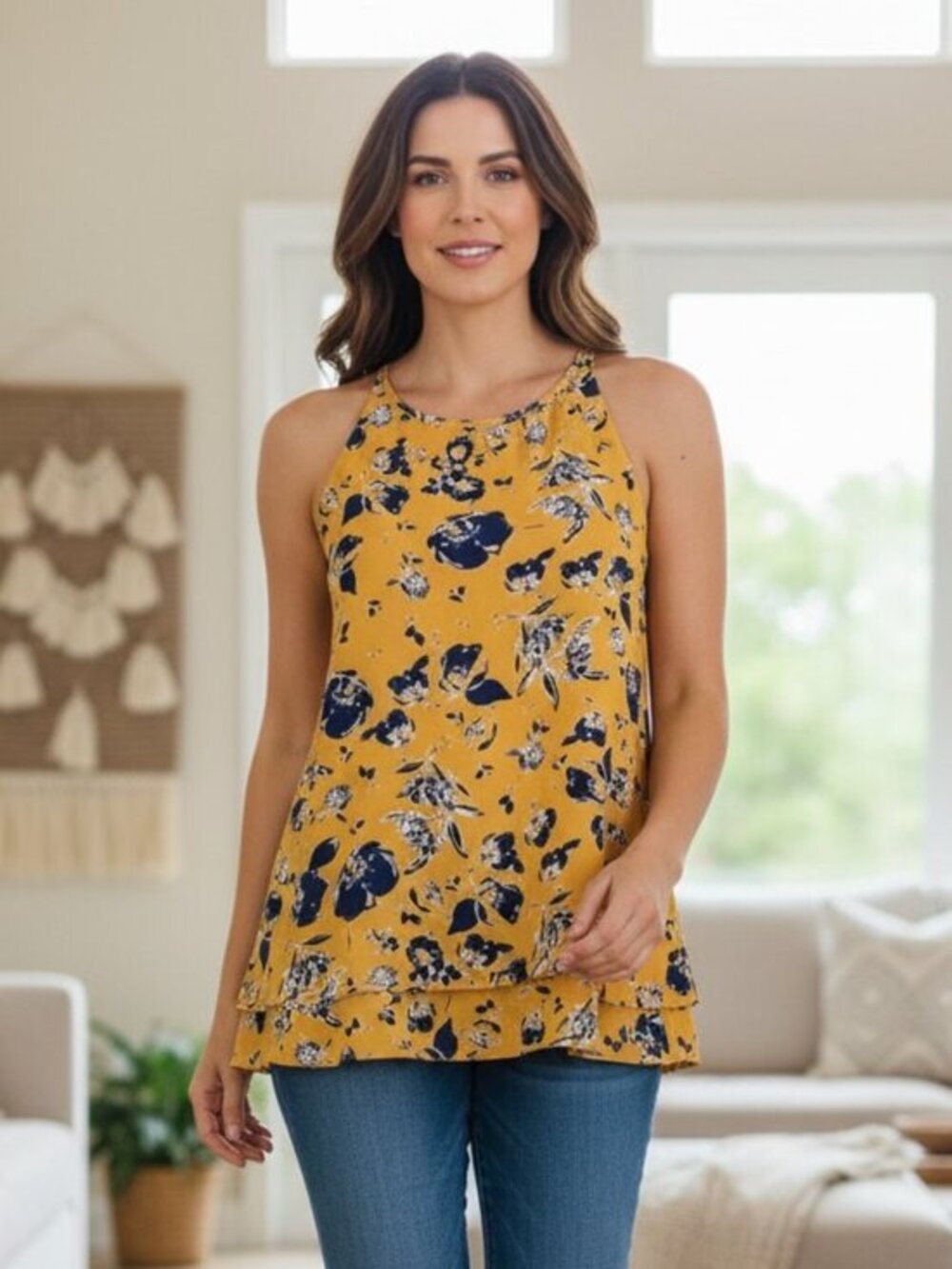 Paraphrase Womens Small Tank Top Sleeveless Mustard Navy Blue Floral 2 Layers